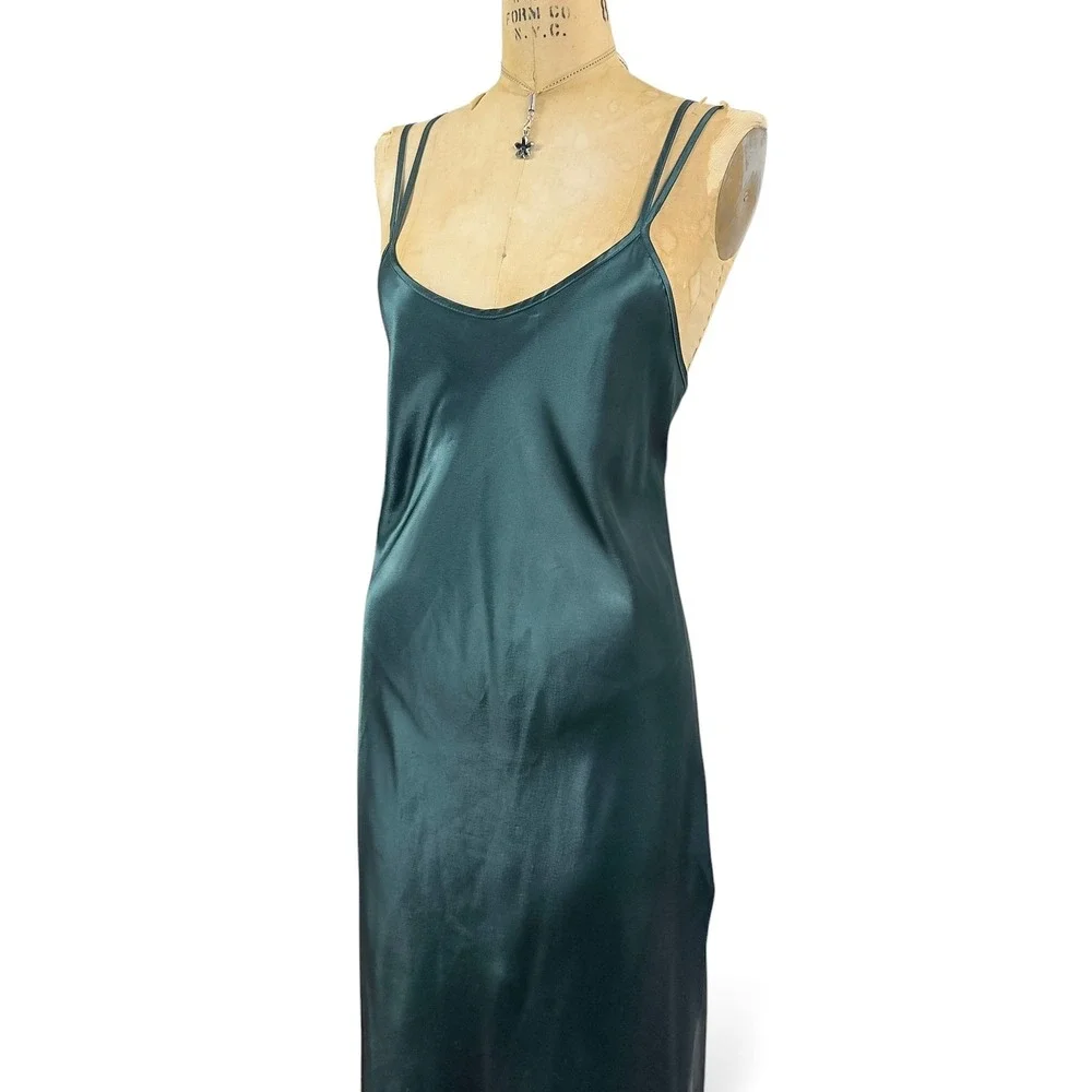 90's Emerald Maxi Slip Dress Strappy Low Back Glam Evening Matallic Size M - Picture 12 of 14
